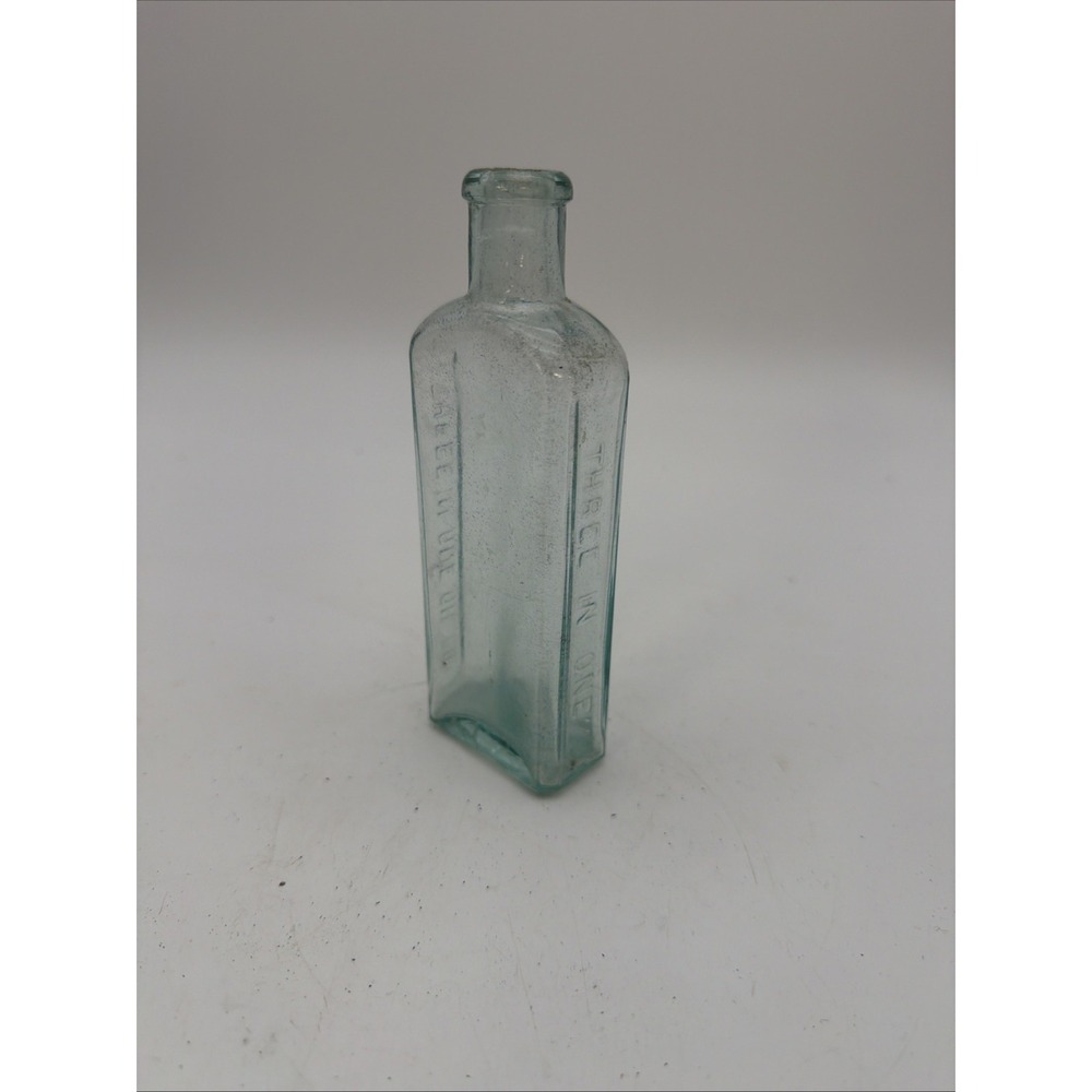 Antique 3 IN ONE Oil Co Aqua Glass Bottle 5 1/2" Embossed Square Panel Vintage